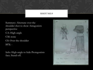SHOT NO.9


Summary: Alternate over the
shoulder shot to show Antagonists
perspective
CA: High-angle
CM: none
CS: Over the shoulder
SFX: -

Info: High-angle to hide Protagonists
face. Stand off.
 