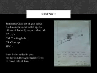 SHOT NO.12


Summary: Close up of gun being
fired, camera tracks bullet, special
effects of bullet flying, revealing title
CA: n/a
CM: Tracking bullet
CS: Close up
SFX: -

Info: Bullet added in post
production, through special effects
to reveal title of film.
 