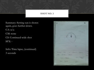 SHOT NO. 3


Summary: Setting sun is shown
again, goes further down.
CA: n/a
CM: none
CS: Continued wide shot
SFX: -

Info: Time lapse, (continued)
3 seconds
 