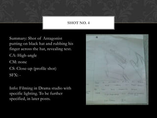 SHOT NO. 4


Summary: Shot of Antagonist
putting on black hat and rubbing his
finger across the hat, revealing text.
CA: High-angle
CM: none
CS: Close-up (profile shot)
SFX: -

Info: Filming in Drama studio with
specific lighting. To be further
specified, in later posts.
 