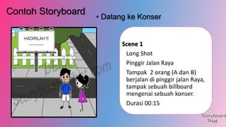 Contoh Storyboard

• Datang ke Konser

Scene 1
Long Shot
Pinggir Jalan Raya
Tampak 2 orang (A dan B)
berjalan di pinggir jalan Raya,
tampak sebuah billboard
mengenai sebuah konser.
Durasi 00:15

 