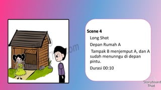 Scene 4
Long Shot
Depan Rumah A
Tampak B menjemput A, dan A
sudah menunngu di depan
pintu.
Durasi 00:10

 