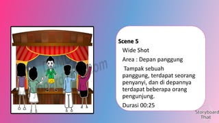 Scene 5
Wide Shot
Area : Depan panggung
Tampak sebuah
panggung, terdapat seorang
penyanyi, dan di depannya
terdapat beberapa orang
pengunjung.
Durasi 00:25

 