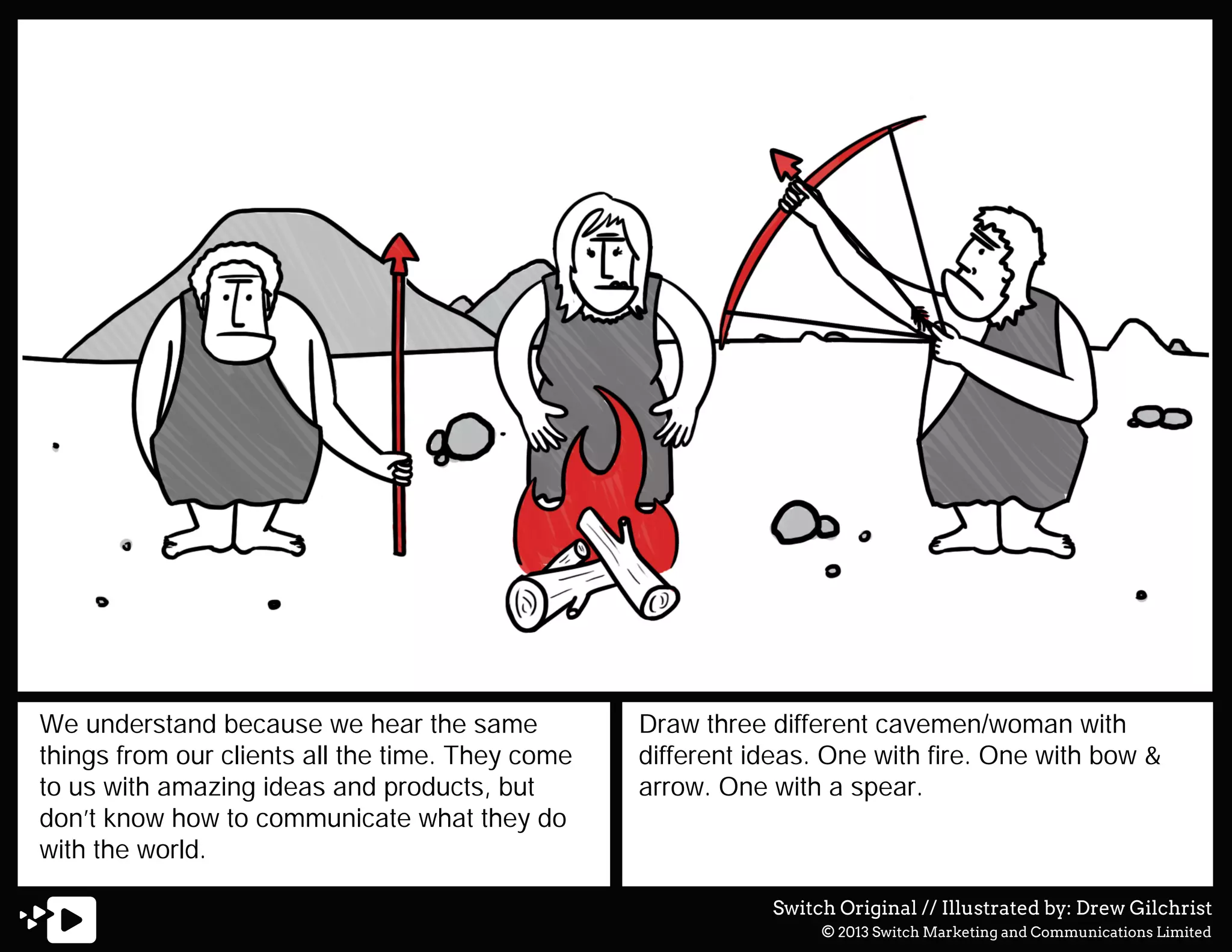 We understand because we hear the same
things from our clients all the time. They come
to us with amazing ideas and products, but
don’t know how to communicate what they do
with the world.

Draw three different cavemen/woman with
different ideas. One with fire. One with bow &
arrow. One with a spear.

Switch Original // Illustrated by: Drew Gilchrist
© 2013 Switch Marketing and Communications Limited

 