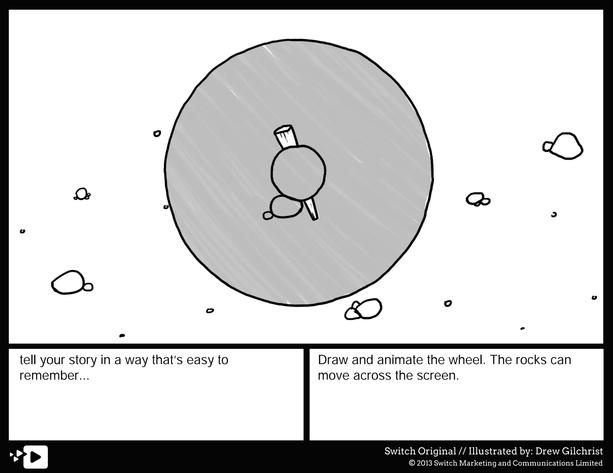 tell your story in a way that’s easy to
remember...

Draw and animate the wheel. The rocks can
move across the screen.

Switch Original // Illustrated by: Drew Gilchrist
© 2013 Switch Marketing and Communications Limited

 
