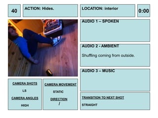 ACTION: Hides.              LOCATION: interior
40                                                                 0:00
                                  AUDIO 1 – SPOKEN




                                  AUDIO 2 - AMBIENT

                                  Shuffling coming from outside.


                                  AUDIO 3 – MUSIC


CAMERA SHOTS    CAMERA MOVEMENT

     LS            STATIC

CAMERA ANGLES                     TRANSITION TO NEXT SHOT
                  DIRECTION

     HIGH              /          STRAIGHT
 