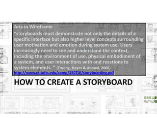 HOW TO CREATE A STORYBOARD
Arts in Wireframe
“storyboards must demonstrate not only the details of a
specific interface but also higher level concepts surrounding
user motivation and emotion during system use. Users
increasingly need to see and understand the context,
including the environment of use, physical embodiment of
a system, and user interactions with and reactions to
system elements. “ (Truong, Hayes & Abowd, 2006,
http://www.cs.tufts.edu/comp/150TUI/storyboarding.pdf)
8/20/2015 swling@mmu.edu.my 16
 