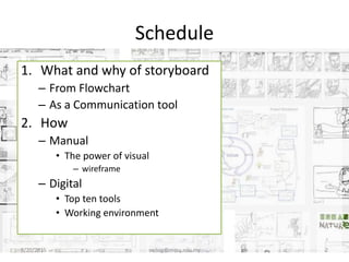 Schedule
1. What and why of storyboard
– From Flowchart
– As a Communication tool
2. How
– Manual
• The power of visual
– wireframe
– Digital
• Top ten tools
• Working environment
8/20/2015 swling@mmu.edu.my 2
 