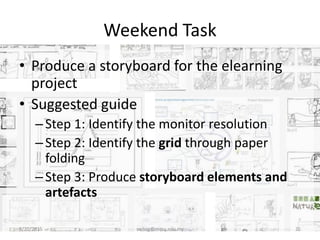 Weekend Task
• Produce a storyboard for the elearning
project
• Suggested guide
–Step 1: Identify the monitor resolution
–Step 2: Identify the grid through paper
folding
–Step 3: Produce storyboard elements and
artefacts
8/20/2015 swling@mmu.edu.my 21
 