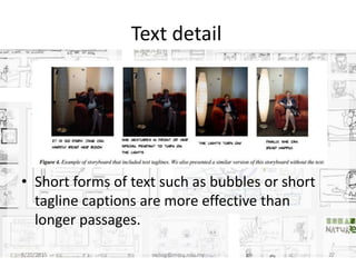 Text detail
8/20/2015 swling@mmu.edu.my 27
• Short forms of text such as bubbles or short
tagline captions are more effective than
longer passages.
 