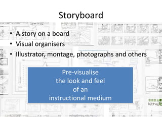 Storyboard
• A story on a board
• Visual organisers
• Illustrator, montage, photographs and others
8/20/2015 swling@mmu.edu.my 4
Pre-visualise
the look and feel
of an
instructional medium
 