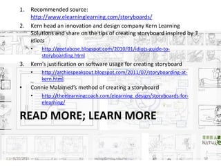 READ MORE; LEARN MORE
1. Recommended source:
http://www.elearninglearning.com/storyboards/
2. Kern head an innovation and design company Kern Learning
Solutions and share on the tips of creating storyboard inspired by 3
Idiots
• http://geetabose.blogspot.com/2010/01/idiots-guide-to-
storyboarding.html
3. Kern’s justification on software usage for creating storyboard
• http://archiespeaksout.blogspot.com/2011/07/storyboarding-at-
kern.html
• Connie Malamed’s method of creating a storyboard
• http://theelearningcoach.com/elearning_design/storyboards-for-
elearning/
8/20/2015 swling@mmu.edu.my 59
 