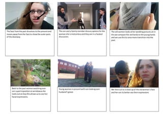 The face fromthe past dissolvestothe presentand
movesawayfromthe face to showthe outerparts
of the doorway.
The son and a familymemberdiscussoptionsforthe
womanshe ismotionlessandtheyare ina heated
discussion.
The old womenlooksatherweddingpicturesanin
thiswe compare the oldhandsto the younghands
and we use thisto once more transitionintothe
past.
Back to the past womenwatchingover
son superimpositiononwindowasshe
looksouton boythisallowsusto see her
facial expressions.
Young womaninpresentwithsonlookingover
husband’sgrave
We thencut to a close upof the oldwoman’sface
and herson to bettersee theirexpressions
 