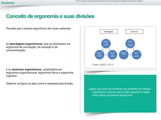 Anatomia
Perceba que o estudo ergonômico tem duas vertentes:
as abordagens ergonômicas, que se subdividem em
ergonomia de concepção, de correção e de
conscientização;
e os domínios ergonômicos, subdivididos em
ergonomia organizacional, ergonomia física e ergonomia
cognitiva.
Observe na figura ao lado como é realizada esta divisão.
Agora que você já conheceu as vertentes do estudo
ergonômico, avance para a tela seguinte e saiba
mais sobre os tipos de ergonomia.
Aula 01- Introdução à Ergonomia/Noções de Anatomia Musculoesquelética, Fisiologia Muscular e Ritmo Biológico
Conceito de ergonomia e suas divisões
 