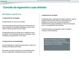 Anatomia
Conceito de ergonomia e suas divisões
Aula 01- Introdução à Ergonomia/Noções de Anatomia Musculoesquelética, Fisiologia Muscular e Ritmo Biológico
Abordagens ergonômicas
A ergonomia de concepção
É desenvolvida no início de um projeto.
Esta fase exige grande experiência do profissional para
que se obtenha um resultado satisfatório, já que ocorre
antes do relacionamento homem–objeto.
As alterações podem ser feitas com a criação de novos
conceitos, como mudanças de layout, iluminação, cores,
mobiliários e equipamentos, entre outros.
A ergonomia de conscientização
É parte integrante da ergonomia participativa, refere-se à
obtenção de objetos preventivos.
Ela utiliza o processo educativo e conscientizador para
tornar o colaborador corresponsável por sua saúde.
Entre as abordagens de concepção,
correção e conscientização, as duas
últimas são as mais utilizadas no contexto
ergonômico em uma empresa.
A ergonomia de correção
É realizada após o diagnóstico de algum problema, seja de
caráter ambiental (ruído, térmico e iluminação) e/ou
mobiliário ou quando não foi possível solucionar
definitivamente qualquer alteração na fase de concepção,
como o remanejamento de luminárias.
A melhoria pode ser conseguida, porém é bastante
onerosa e menos eficiente.
 