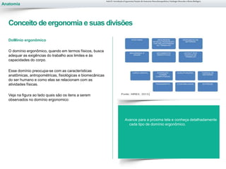 Anatomia
DoMínio ergonômico
O domínio ergonômico, quando em termos físicos, busca
adequar as exigências do trabalho aos limites e às
capacidades do corpo.
Esse domínio preocupa-se com as características
anatômicas, antropométricas, fisiológicas e biomecânicas
do ser humano e como elas se relacionam com as
atividades físicas.
Veja na figura ao lado quais são os itens a serem
observados no domínio ergonomico:
Avance para a próxima tela e conheça detalhadamente
cada tipo de domínio ergonômico.
Aula 01- Introdução à Ergonomia/Noções de Anatomia Musculoesquelética, Fisiologia Muscular e Ritmo Biológico
Conceito de ergonomia e suas divisões
 