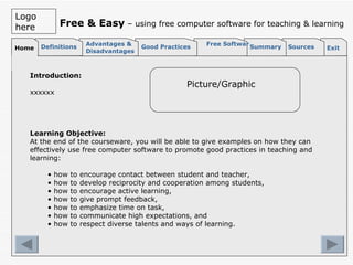Exit Free Software Good Practices Advantages & Disadvantages Definitions Home Free & Easy  – using free computer software for teaching & learning Logo here ,[object Object],[object Object],[object Object],[object Object],[object Object],[object Object],[object Object],[object Object],[object Object],[object Object],[object Object],Sources Summary Picture/Graphic 