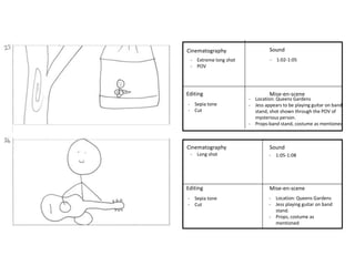 - Extreme long shot - 1:02-1:05 
- POV 
- Sepia tone 
- Cut 
Cinematography 
- Long shot 
Editing 
- Location: Queens Gardens 
- Jess appears to be playing guitar on band 
stand, shot shown through the POV of 
mysterious person. 
- Props-band stand, costume as mentioned 
Sound 
- 1:05-1:08 
Mise-en-scene 
Cinematography 
Editing 
Sound 
Mise-en-scene 
- Sepia tone 
- Cut 
- Location: Queens Gardens 
- Jess playing guitar on band 
stand. 
- Props, costume as 
mentioned 
 