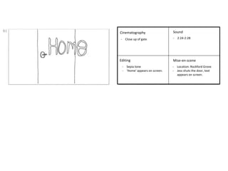 Cinematography 
Editing 
Sound 
Mise-en-scene 
- Sepia tone 
- ‘Home’ appears on screen. 
- 2:24-2:28 
- Location: Rockford Grove 
- Jess shuts the door, text 
appears on screen. 
- Close up of gate 

