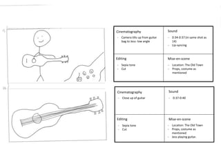 - Sepia tone 
- Cut 
Cinematography 
- Close up of guitar - 0:37-0:40 
Editing 
- 0:34-0:37 (in same shot as 
14) 
- Lip-syncing 
Sound 
Mise-en-scene 
Cinematography 
Editing 
Sound 
Mise-en-scene 
- Location: The Old Town 
- Props, costume as 
mentioned 
- Camera tilts up from guitar 
bag to Jess- low angle 
- Sepia tone 
- Cut 
- Location: The Old Town 
- Props, costume as 
mentioned 
- Jess playing guitar. 
 