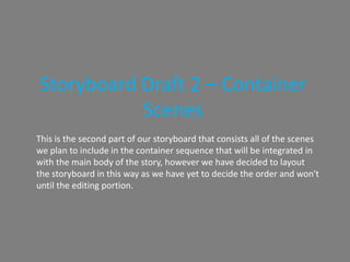Storyboard Draft 2 – Container
Scenes
This is the second part of our storyboard that consists all of the scenes
we plan to include in the container sequence that will be integrated in
with the main body of the story, however we have decided to layout
the storyboard in this way as we have yet to decide the order and won't
until the editing portion.
 
