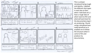 This is a drawn
storyboard being rough
and sketchy. I labelled
the different shot types
in each box so then
when I look back at it, I
have a rough idea of
what I want to film and
what will work best for
the documentary type I
am producing. I found
using a storyboard was
really beneficial as it
enabled me to follow
the structure when it
came to film and
produce my
documentary.
 