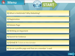 Menu 1)  Registration 2)   Debate Page 3)  Writting an Argument 4)  Search for Evidence 5)  Grind It !  Click on the Grinder 6)  Go on a profile page and Post on a member ‘s wall Next 0)  What is HotGrinds? Why Debatting? START 