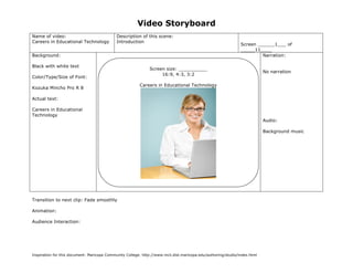Video Storyboard
Name of video:                               Description of this scene:
Careers in Educational Technology            Introduction
                                                                                                               Screen ______1___ of
                                                                                                               _____11____
Background:                                                                                                             Narration:

Black with white text
                                                              Screen size: __________
                                                                                                                           No narration
                                                                   16:9, 4:3, 3:2
Color/Type/Size of Font:
                                                         Careers in Educational Technology
Kozuka Mincho Pro R 8

Actual text:

Careers in Educational
Technology
                                                                                                                           Audio:

                                                                                                                           Background music




Transition to next clip: Fade smoothly

Animation:

Audience Interaction:




Inspiration for this document: Maricopa Community College. http://www.mcli.dist.maricopa.edu/authoring/studio/index.html
                                               (Sketch screen here noting color, place, size of graphics if any)
 