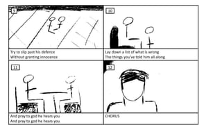 Try to slip past his defence
Without granting innocence
Lay down a list of what is wrong
The things you’ve told him all along
And pray to god he hears you
And pray to god he hears you
CHORUS
9 10
11 12
 