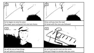 As he begins to raise his voice
You lower yours and grant him one last choice.
Drive until you lose the road
Or break with the ones you followed
He will do one of two things
He will admit to everything
Or he’ll just say he’s just not the same
And you’ll begin to wonder why you came
14
15
13
15
 