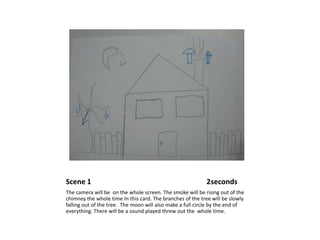Scene 1                                                               2secondsThe camera will be  on the whole screen. The smoke will be rising out of the chimney the whole time In this card. The branches of the tree will be slowly falling out of the tree.  The moon will also make a full circle by the end of everything. There will be a sound played threw out the  whole time.                                                                      