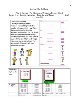 1

                                   Storyboard for BookBuilder

         Title of the Book: The Adventures of Froggy the Internet Wizard
Content Area: Computer Applications Genre: Series of Fables                                           Grade
                                   Level: 8th


   Select your coaches
    When you start your book:
   Coaches are used to provide the
   reader with supports to help them
   become strategic and to stay
   engaged with learning. You can decide
   how you want the coaches to help,
   what to name them, and what kind of
   support they should offer. It helps
   to create one consistent role for
   each coach. The coach will read
   whatever you type.




Select the
style of the
page



                     title Page
                                                            Table of Contents




               One picture and text on   Picture and text   Two column text with   Text or picture only
               left or right             on top or bottom   pictures
 