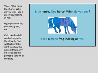 Blue horse, Blue horse, What do you see?
I see a green frog looking at me.
Voice: “Blue horse,
Blue horse, What
do you see? I see a
green frog looking
at me.”
Highlight: Blue, do,
you, see, green,
me.
Child: As the child
reads along with
the story, he/she
will highlight the
sight words with a
crayon (this is only
if he/she has the
printable version of
the story.
 