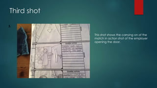 Third shot
3.
This shot shows the carrying on of the
match in action shot of the employer
opening the door.
 