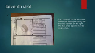 Seventh shot
7.
The camera is on the left hand
side of the employer facing the
business women on the right.
This shot once again is the 180
degree rule.
 