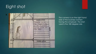 Eight shot
8.
The camera is on the right hand
side of the business women
facing the employer. The shot
used is the 180 degree rule.
 