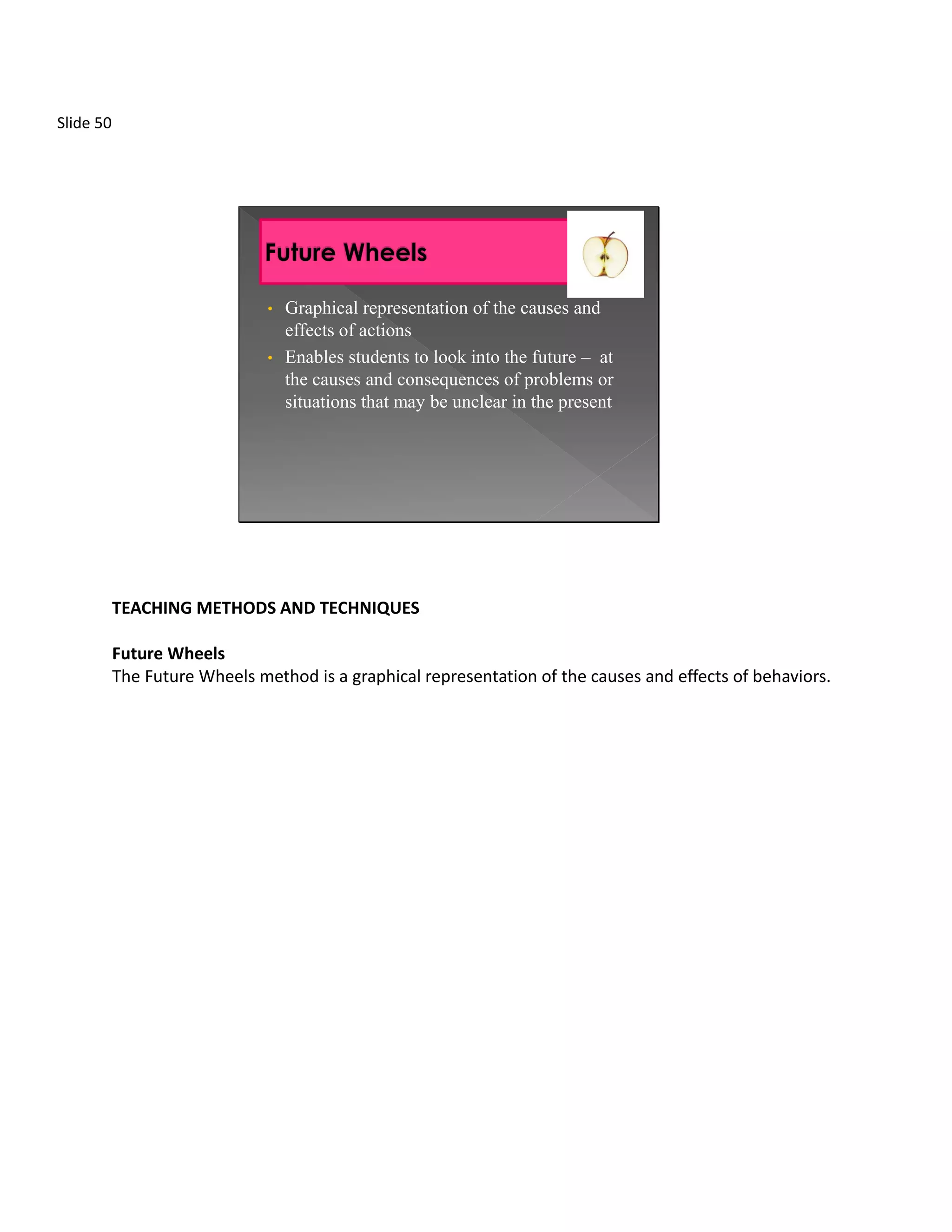 Slide 50




                               • Graphical representation of the causes and
                                 effects of actions
                               • Enables students to look into the future – at
                                 the causes and consequences of problems or
                                 situations that may be unclear in the present




           TEACHING METHODS AND TECHNIQUES

           Future Wheels
           The Future Wheels method is a graphical representation of the causes and effects of behaviors.
 