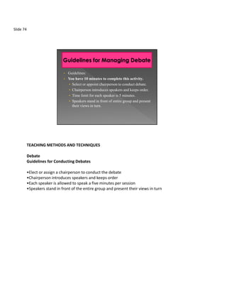Slide 74




                               •   Guidelines:
                               •   You have 10 minutes to complete this activity.
                                   • Select or appoint chairperson to conduct debate.
                                   • Chairperson introduces speakers and keeps order.
                                   • Time limit for each speaker is 5 minutes.
                                   • Speakers stand in front of entire group and present
                                     their views in turn.




           TEACHING METHODS AND TECHNIQUES

           Debate
           Guidelines for Conducting Debates

           •Elect or assign a chairperson to conduct the debate
           •Chairperson introduces speakers and keeps order
           •Each speaker is allowed to speak a five minutes per session
           •Speakers stand in front of the entire group and present their views in turn
 