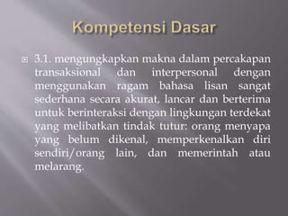  3.1. mengungkapkan makna dalam percakapan
transaksional dan interpersonal dengan
menggunakan ragam bahasa lisan sangat
sederhana secara akurat, lancar dan berterima
untuk berinteraksi dengan lingkungan terdekat
yang melibatkan tindak tutur: orang menyapa
yang belum dikenal, memperkenalkan diri
sendiri/orang lain, dan memerintah atau
melarang.
 