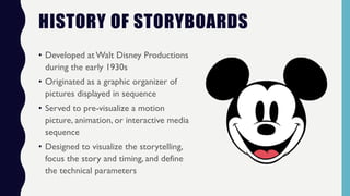HISTORY OF STORYBOARDS
• Developed at Walt Disney Productions
during the early 1930s
• Originated as a graphic organizer of
pictures displayed in sequence
• Served to pre-visualize a motion
picture, animation, or interactive media
sequence
• Designed to visualize the storytelling,
focus the story and timing, and define
the technical parameters
 