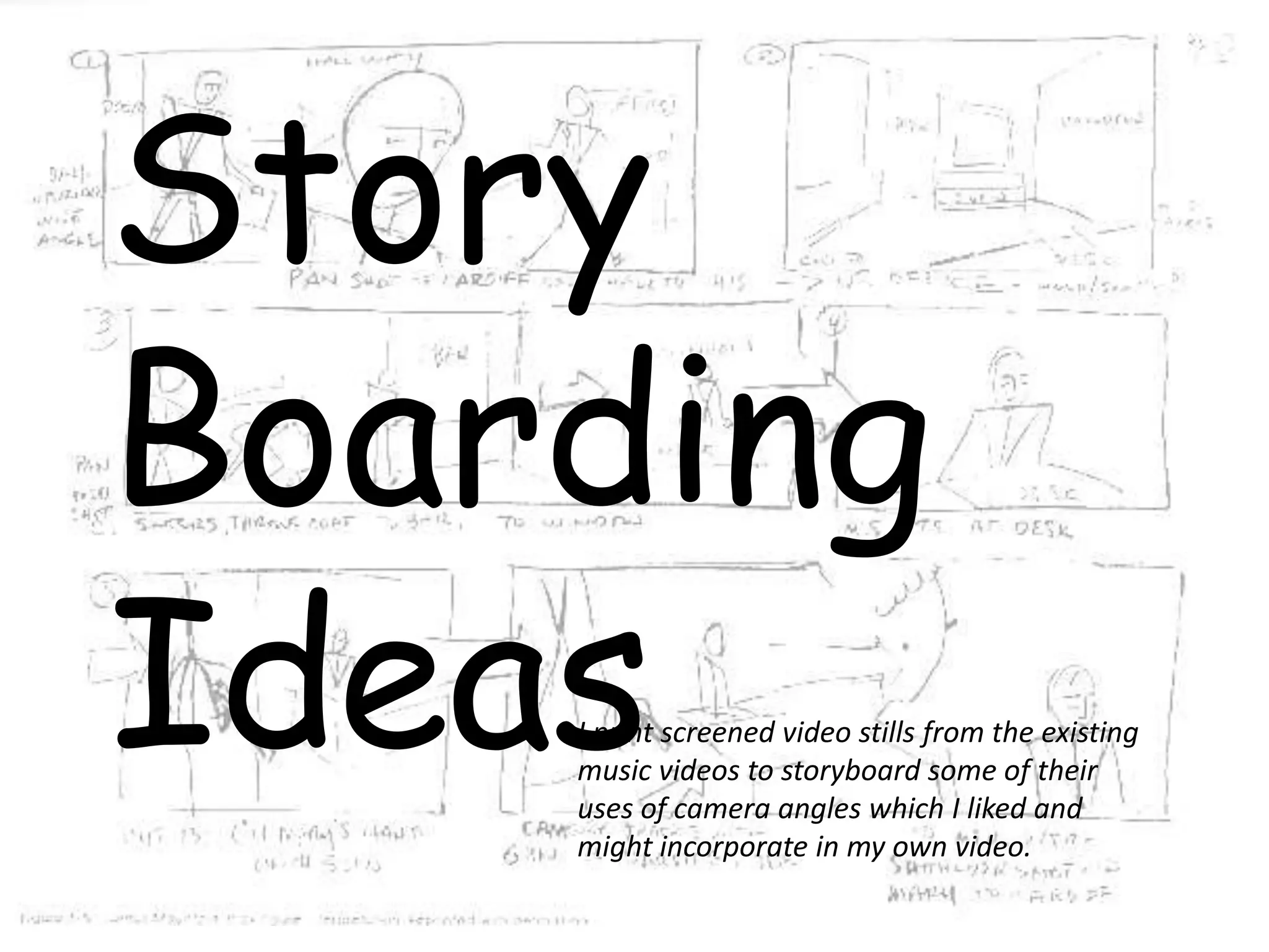 Story
Boarding
Ideas
I print screened video stills from the existing
music videos to storyboard some of their
uses of camera angles which I liked and
might incorporate in my own video.
