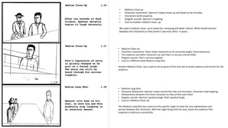• Medium close-up
• Character movement- Spencer's body moves up and down as he chuckles
• Characters build suspense.
• Diegetic sounds- Spencer's laughing.
• Cuts to another medium close- up
We used a medium close- up to show the annoying and dead silence. Which builds tension
between the characters as they haven't saw each other in years.
• Medium Close-Up.
• Character movements- Pete’s body movement as he nervously laughs, facial expression.
• The audience and other characters can see Pete’s is nervous and terrified.
• Diegetic sounds- Pete’s nervous laughter.
• Cuts to a different wide Medium Long Shot.
Another Medium Close- Up is used as the purpose of this shot was to build suspense and tension for the
audience.
• Medium Long Shot.
• Character Movement- Spencer moves around the chair and sits down, characters stop laughing.
• Awkwardness between the three characters as they all fear each other.
• Diegetic sounds- Spencer’s gradual laugh, Pete’s gradual laugh.
• Cuts to a Medium Close-Up.
This Medium Long Shot was used to at this specific angle to show the very awkwardness and
tension between the characters. With the angle being shot this way, shows the audience that
suspense is build very successfully.
 