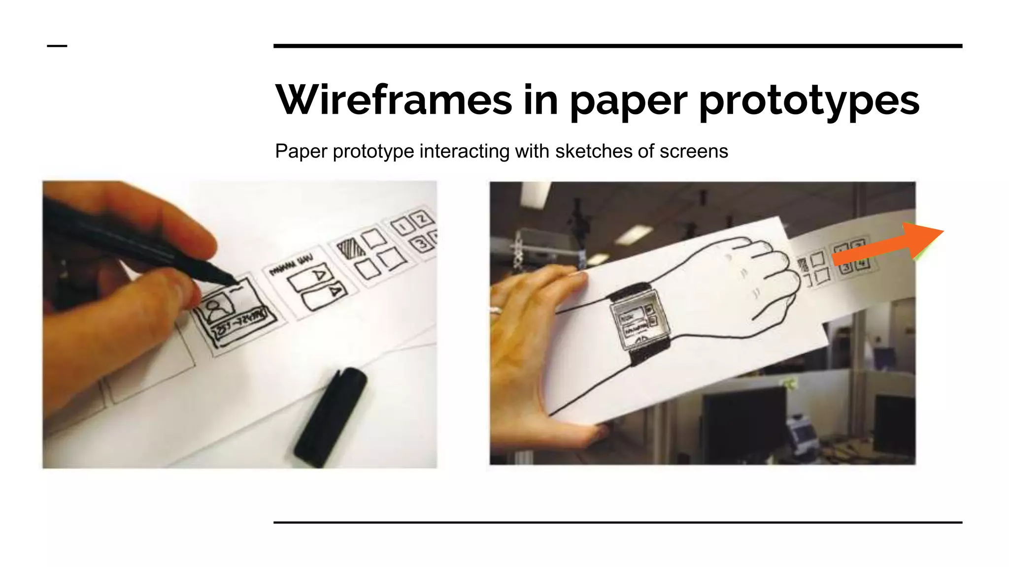 Wireframes in paper prototypes
Paper prototype interacting with sketches of screens
 