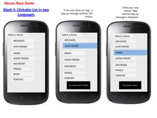 If the user clicks on "pig", a
pop-up message confirms the
choice:
If the user now
selects "dog",
another pop-up
message is displayed:
Block 3: Clickable List in two
Languages
Select a Horse Select a Horse
PRINCE
ASCENDER
GOOD FRIEND
ANGEL
ALFA FRIEND
ARCHASES
ALFA FRIEND
ANGEL
GOOD FRIEND
ASCENDER
PRINCE
RIVER
FOREVER
ARCHASES
ALFA FRIEND
ASCENDER
GOOD FRIEND
PRINCE
FOREVER
Select a Horse
FOREVER
ANGEL
ARCHASES
You selected ̒ALFA FRIEND̒ You selected ̒ANGEL̒
Horses Race Game
 