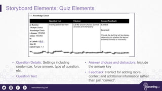 www.elearning.net
Storyboard Elements: Quiz Elements
• Question Details: Settings including
randomize, force answer, type of question,
etc.
• Question Text
• Answer choices and distractors: Include
the answer key
• Feedback: Perfect for adding more
context and additional information rather
than just “correct”.
 