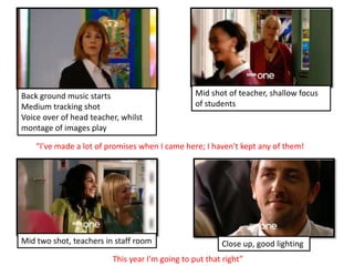 Mid shot of teacher, shallow focus of students Back ground music starts Medium tracking shotVoice over of head teacher, whilst montage of images play “I've made a lot of promises when I came here; I haven't kept any of them! Mid two shot, teachers in staff room Close up, good lighting This year I'm going to put that right”