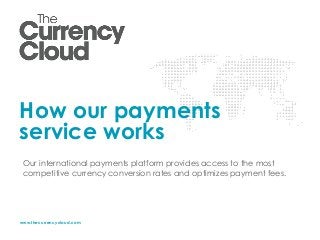 www.thecurrencycloud.com
How our payments
service works
Our international payments platform provides access to the most
competitive currency conversion rates and optimizes payment fees.
 