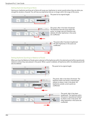 266 
Storyboard Pro 2 User Guide 
Setting Keyframe Synching to None 
Having your keyframe synching set to None will cause your keyframes to remain exactly where they are when you change the duration of panels. You will lose any keyframes that are no longer within the range of the scene. 
Setting Keyframe Synching to Relative to Panels 
When you have the Relative to Panels option selected, all the keyframes within the selected panel will be repositioned, relative to where they were placed in the panel. When a panel is deleted, all keyframes within the deleted panel will also be deleted. 
The panel at its original length. 
The panel, after it has been shortened. 
The keyframe that was once within the 
scene, no longer was and therefore was 
deleted. All other keyframes in the scene 
are unaffected. 
The panel, after it has been lengthened. 
All other keyframes in the scene are 
unaffected. 
The panel, after it has been shortened. The keyframe within this panel is repositioned relative to where it was in the panel. All keyframes outside current panel are unaffected. The panel, after it has been lengthened. The keyframe within this panel is repositioned relative to where it was in the panel. All other keyframes in the scene are unaffected. The panel at its original length.  