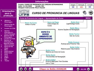 Informações
                           Projeto: CURSO DE PRONUNCIA DE LINGUAS ESTRANGEIRAS                Imagem    Animação     Locução
                           Data: 11/10/2009       Versão: 001
                                                                                                SIM          NÃO      SIM
                           Designer Instrucional: Mauro Suzuki

     Orientações
       para a                             CURSO DE PRONUNCIA DE LINGUAS
      produção
                            Curso de Pronúncia de Línguas > Apresentação do Curso                                  MENU
0.     Aparece a
       Personagem.                                           Nome da Etapa                    Botão Som
                                  Nome do Curso
1.     Aparece Fala da            Indica o Curso             Indica Etapa do            Liga/Desliga Áudio
       Personagem.                                           Curso
2.     Locutor Lê a Fala                                                                   Botão Menu
                                                                            Aciona Opções de Navegação
3.     Aparece
       Instrução p/ o                                ESTE É O                           Controles de
       Aluno Prosseguir.                              NOSSO                              navegação
                                                                                           Botão Fechar
5.    Aparece Fala da                                                                        Sair do Curso
      Personagem.                                  AMBIENTE DE
6.    Locutor Lê a Fala.                           APRENDIZADO
7.    Aparece as
      Instruções na                                                                      Botão Avançar
      Seguinte Ordem:                                                           Avança para Próxima Tela
1.     Nome do Curso
2.     Nome da Tela
                                                                                            Botão Voltar
       Etapa
                                                                                Retorna para Tela Anterior
1.     Menu
                                                           Botão Início
2.     Botão Avançar
                                                           Retorna ao Início do Curso
3.     Botão Voltar
4.     Início
                                                           Botão Ajuda
5.     Ajuda
                                                           Tira Dúvidas de Navegação
6.     E-Mail
7.     Som
8.      Fechar
                                                           Botão E-Mail
                                                           Envia E-Mail para Tirar Dúvidas
                                                           com o Tutor


                                                    Clique no Botão AVANÇAR                                  02/99
 