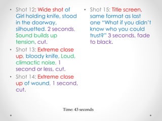 • Shot 12: Wide shot of
Girl holding knife, stood
in the doorway,
silhouetted. 2 seconds,
Sound builds up
tension, cut.
• Shot 13: Extreme close
up, bloody knife, Loud,
climactic noise, 1
second or less, cut.
• Shot 14: Extreme close
up of wound, 1 second,
cut.
• Shot 15: Title screen,
same format as last
one “What if you didn’t
know who you could
trust?” 3 seconds, fade
to black.
Time: 43 seconds
 